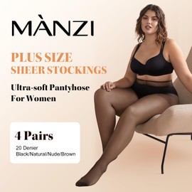 MANZI Women's Plus Size Pantyhose 4 Pairs Ultra Sheer Nylon Tights Black XXXXL