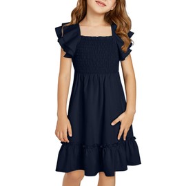 blibean Tween Girls Summer Dress Kid Ruffle Short Sleeve Dresses Solid Semi Formal Dressy Clothes Boho Fancy Party Outfit Size 10-11 Years Old Navy Blue