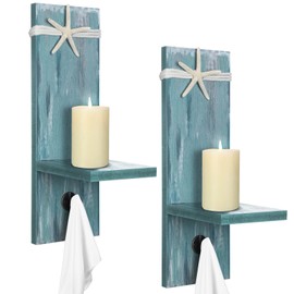SiliFine 2 Set Starfish Wall Candle Sconces with Towel Hook, Ocean Wall-Mount Candle Holders Coastal Farmhouse Beach Nautical Decorations for Bathroom Hallway Living Room Bedroom Kitchen