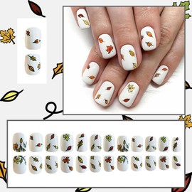 RIICFDD Fall Press on Nails Short Fake Nails Coffin False Nails Maple Leaf Glue on Nails Fallen Leaf Stick on Nails Full Cover Reusable Acrylic Nails for Women Girls Thanksgiving Nails 24 Pcs