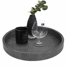 HofferRuffer Faux Leather Round Serving Tray, Vegan Croco Leather Decorative Tray, Food Tray for Storage Drinks, Snack & Cosmetics, Dia.12'' x 1.6'' (Dark Grey)