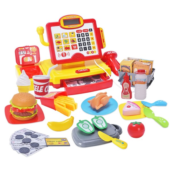 FS Toys Pretend Play Calculator Cash Register with Scanner, Microphone, Play Food, Supermarket Cashier, Great Pre-School Gift for Kids, Toddlers, Boys & Girls, Ages 3 4 5 6 7 8