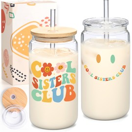 LiqCool Sister Christmas Gifts, 18 Oz Cool Sister Club Can Glass Cup With Card, Christmas Gifts for Sister from Sisters, Funny Sister Gifts for Big sister on Christmas Birthday (White)