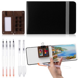 Chiisong 12 Pcs Mini Portable Watercolor Paint Set Travel Paint Palette Wooden Grid Paint Box, Pocket Watercolor Sketchbook Paper Pad, Brush Pens with 4 Binder Clips for Painters Artists Students