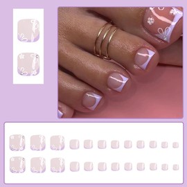 24Pcs Purple French Press on Toe Nails Short Square QUNQINLI Fake Toenails with Flowers Design Nude False Toe Nails Summer Glue on Toenails Glossy Stick on Toe Nails Kit for Women