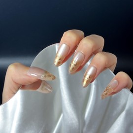 INCHIC Gilded Wild, Long Almond, Metallic Leopard Print French Tip, 30 Pcs Press on Nail