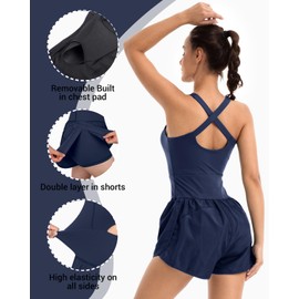 Womens Running Onesie Workout Rompers Padded BraOne Piece Outfits Exercise Jumpsuits Gym Yoga Onesie Clothes, Navy Blue