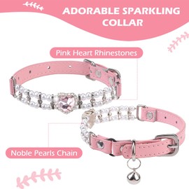 EXPAWLORER Cat Collar with Bells-Rhinestones Adjustable Soft Leather Cat Accessories, Pink Cute Cat Collar with Safety Belt,for Girl Indoor Kitten Cats