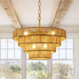 Monikessy 19.7" Boho Hand-Woven Rattan Chandelier Vintage Farmhouse 4 Round Hemp Rope Large Pendant Light 6-Lights Golden Chandelier Light Fixture for Dining Room Kitchen Island Living Room