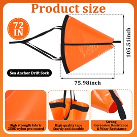 Tandefio 72 Inch Sea Anchor Drift Sock Marine Boat Parachute for 35-40 ft Fishing Boat with 30 ft Kayak Tow Rope Line Buoy Ball Float Leash Sea Brake System for Sail Boat Pontoon Inflatable