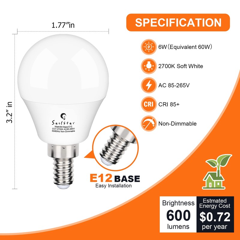 Sailstar A15 Ceiling Fan Light Bulbs, E12 Base, 6Watt (60-Watt