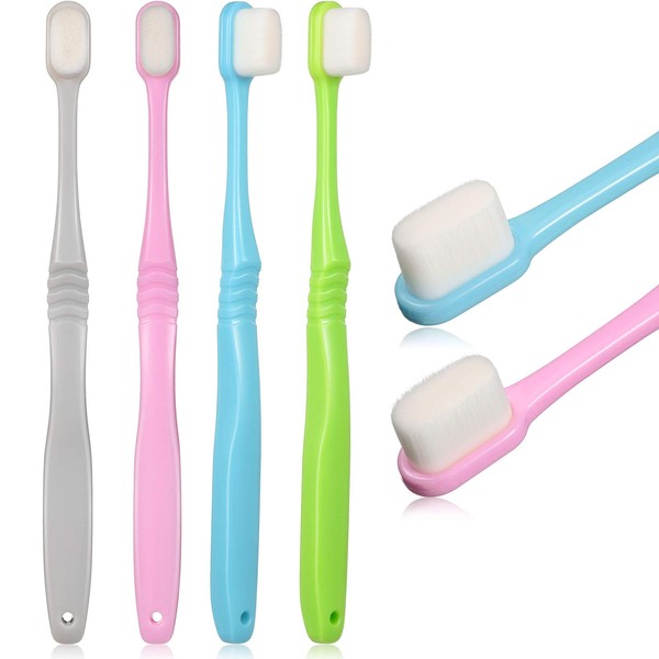 4 Pieces Soft Micro-Nano Manual Toothbrush Extra Soft Bristles Toothbrush with 20,000 Bristles for Fragile Gums Adult Kid Children (Blue and Pink Smooth) (Blue, Gray, Green, Purple)