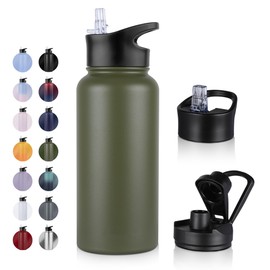 UMBFUN Stainless Steel Drinking Bottle – 1 Litre – with Straw, Leak-Proof, Suitable for Carbonated Drinks, BPA-Free Thermos Bottle (+ 2 Lids) Vacuum Double Wall Insulation for Sports, Travel, Camping,