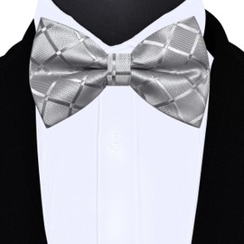 Gusleson Plaid Silver Grey Bow Tie Pocket Square Set for Men Checkered Pre-Tied Bowties Handkerchief Cufflinks for Wedding (UK0494-03)