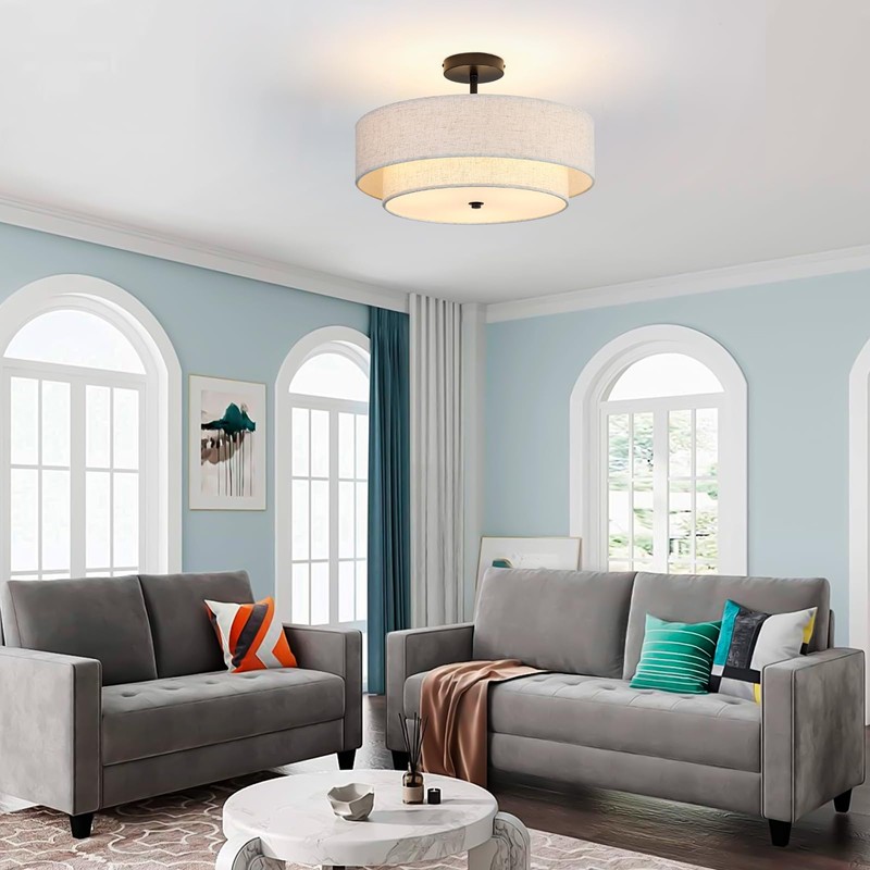 18" Semi Flush Mount Ceiling Light with Fabric Lampshade Modern