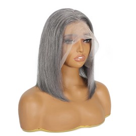 Hoscod Grey Mixed White Lace Front Bob Wig Human Hair 8 Inch Straight Lace Frontal Wigs Human Hair 180 Density Ombre Grey White Suitable For All Hair Types 13x4 HD Bob Wig with Baby Hair