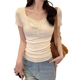 Women Lace Trim Y2K Cute Tshirt Coquette Floral Summer Ribbed Knit Crop Top Fairycore Baby Tees Cottagecore 90s Shirt (Beige,Large)