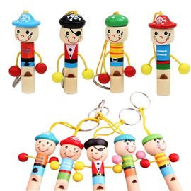 Biluer Children's Wooden Whistle 12 Pieces Cartoon Pirate Whistle Bird Pipe Wooden Pipe Pendant Funny Keyring for Children Birthday Gift Party Favours (Random Colour)
