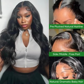 WRREJ Body Wave Lace Front Wigs Human Hair 13x4 HD Transparent Lace Frontal Wigs Human Hair Pre Plucked 180% Density Glueless Wigs Human Hair with Baby Hair Natural Black Color 24 Inch