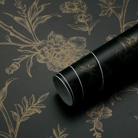 Safiyya 196"x17.3" Gold and Black Wallpaper Floral Birds Contact Paper Peel and Stick Wallpaper for Bedroom Renter Friendly Wallpaper Vinyl Rolls