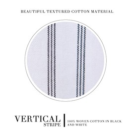 HALL & PERRY Modern Transitional White Stripe Shower Curtain with Tassels - Vertical Black Lines Striped 100% Cotton, 72" x 84"