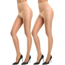 CozyWow 40D Sheer Tights for Women, Durable Control Top Pantyhose, High Waist Stockings with Reinforced Toe 2Beige-L