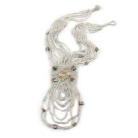 Avalaya Snow White/Antique White Glass Bead Shell Nuggets Tassel Necklace with Button and Loop Closure - 48cm L (N)/ 17cm L (Tassel)