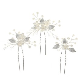 Prosy Bridal Wedding Pearl Flower Hair Pins Silver Bridal Hair Clips Leaf Flowers Headpiece for Women and Girls (Pack of 3)