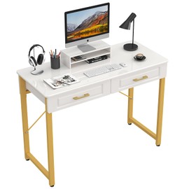 WESTREE Modern Makeup Vanity Desk with Glossy Desktop,Bedroom Home Office Writing Desk with Drawers, Storage Shelf, Gold Metal Frame for Dressing Table Without Mirror