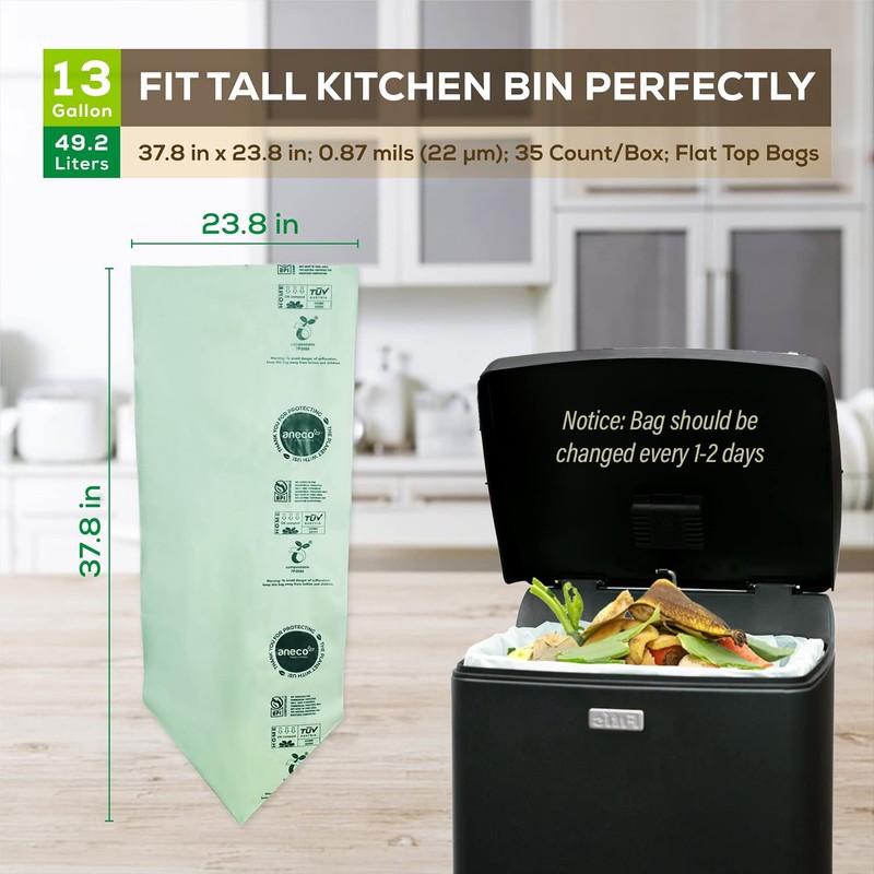 ANECO 100% Compostable Food Waste Bags 13 Gallon, 35 Count,