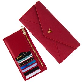 YBONNE Women's Long Wallet RFID Blocking Envelope Purse, Made of Saffiano Leather (PLUS - Wine Red)