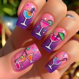 Summer Press on Nails Medium Square Fake Nails Purple Pink Gradient Acrylic Nails with Fruit Juice Designs Glossy Artificial False Nails Spring Summer Stick on Nails for Women Girls 24Pcs