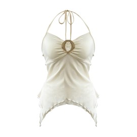 Milumia Women's Ruched Halter Cami Tops Mesh Sheer Metal Ring Tie Back Layered Asymmetrical Hem Vest Yellow X-Small