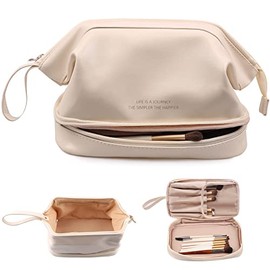 Bolsa de Cosméticos de Viaje, Doble Capa, Material PU (Blanco) | Bolsa de Maquillaje de Piel Impermeable, Cosmetiquera para Maquillaje Gran Capacidad,