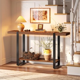 Huuger 47.2 Inch Entryway Table, 2-Tier Industrial Console Sofa Table, Accent Table with Storage, for Entry, Hallway, Entrance, Foyer, T-Shaped Metal Frame, Rustic Brown