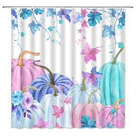ZKJSMGS Fall Pumpkin Shower Curtain Watercolor Pumpkin with Leaves Harves Thanksgiving Colorful Autumn Rustic Farmhouse Holiday Blue Purple Bathroom Home Curtain Decor with Hooks,70" Wx70 H