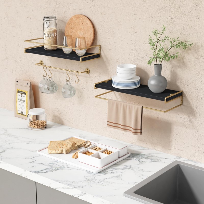 Forbena Black and Gold Floating Shelves for Wall, Bathroom Wall