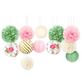 NICROLANDEE Wedding Party Decorations, 12 PCS Green Pink Blooms Paper Lanterns Tissue Pom Poms for Fairy Birthday Party Decorations, Foil Gold Butterfly Baby Bridal Shower Spring Easter Party Decor