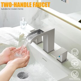 FROPO Waterfall Bathroom Faucets for Sink 3 Hole - Brushed Nickel Waterfall Bathroom Faucet 8 Inch Widespread Faucet Bathroom 2-Handles Modern Vanity Faucets with Overflow Pop Up Drain Supply Lines