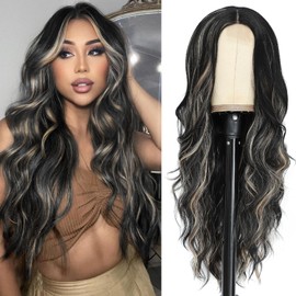 Pelucas para Mujer Cabello Natural 26 pulgadas, Fibra de Alta Calidad, Resistente a Altas Temperaturas y Se Puede Permanente y Teñir (Negro mezclado con rubio)