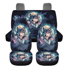 ZIATUBLES 4 Pcs Car Seat Covers for Front & Rear Stretchy Auto Interior Seat Protector Floral Wolf Vintage Forest Print Non-Slip Vehicle Seat Cover Automotive Accessories