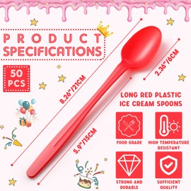 Potchen 50 Pcs Long Spoons for Ice Cream Floats Plastic Sundae Spoons Bulk 8 Inch Long Handle Spoon Heavy Duty for Ice Cream Milkshakes Tea Cocktails and Tall Ice Beverages (Red)