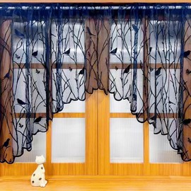 Sarah Duke Curtain Panel Curtain Flowers and Birds Curtains, Country House Style Bistro Curtain, Transparent Curtains, Short Curtains for Cafe Window Decoration (Black, 150 x 90 cm (W x H))
