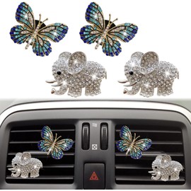 4Pcs Bling Butterfly Air Vent Clips and Crystal Elephant Car Air Fresheners Vent Clips Car Diffuser Vent Clip Rhinestone Car Decoration Cute Car Interior Decor Bling Car Accessories for Women