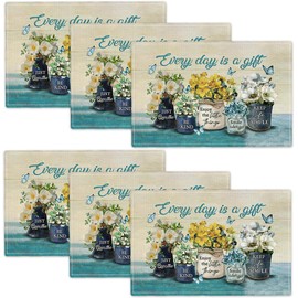 Farmhouse Spring Flower Placemats Set of 6 Every Day is A Gift Country Rustic Floral Yellow Double-Sided Table Mats for Kitchen Dining Room Home Party Indoor Decor 6 PCS 12x18 Inch