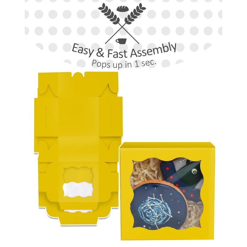 Bakepacker 4x4x2.5" Yellow Bakery Box with Window 30pcs Macaron Boxes