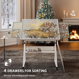 Qiaoxuan Jigsaw Puzzle Table With Legs, 1500 Piece Board for Adults, 35"x26" Adjustable Portable on Wheels, 4 Drawers & Cover, Birthday Gift for Mom