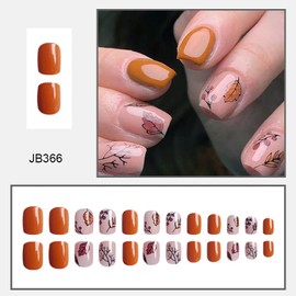 24Pcs Fall Maple Leaf Press on Nails Short Square Fake Nails Thanksgiving Glue on Nails with Designs Acrylic False Nails Autumn Winter Full Cover Stick on Nails for Women Nail Decorations
