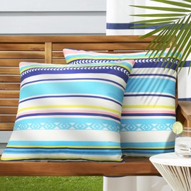 Merrycolor Outdoor Waterproof Throw Pillow Covers 18x18 Inch Set of 2 Colorful Stripes Decorative Square Farmhouse Outdoor Pillows for Funiture Garden Patio Beach Pillow Cushion Cases (Blue and White)