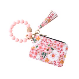 Heracantha Women’s Boho Beaded Wristlet Keychain Wallet – Floral Pattern Card Holder with Tassel, Silicone Bead Bracelet Key Ring Wallet with Zipper Coin Purse & ID Window for Women
